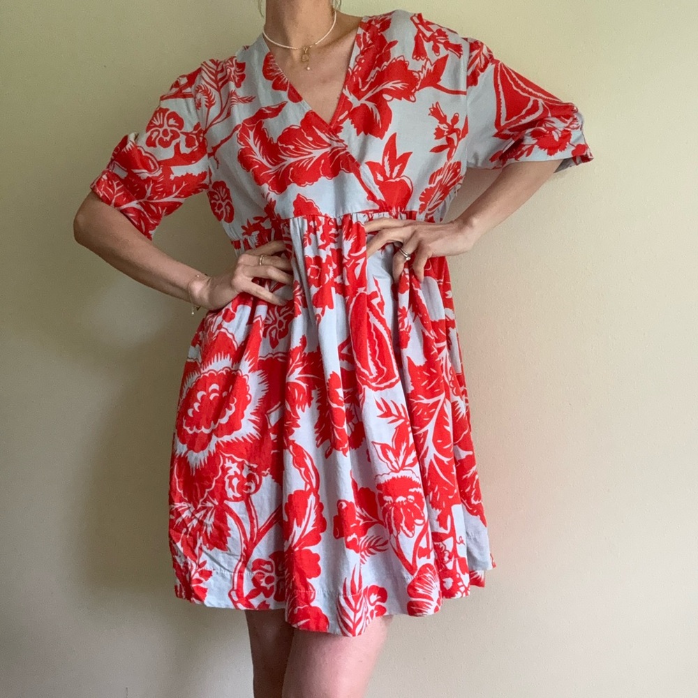 Karen Walker silk cottonFloral Red and light gray V-Neck Babydoll Dress, new